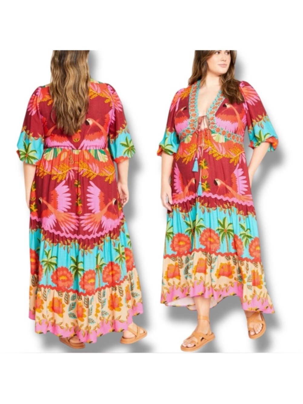 NEW City Chic Maxi Dress Copacabana Placement Tropical Colorful Linen Blend Sz16